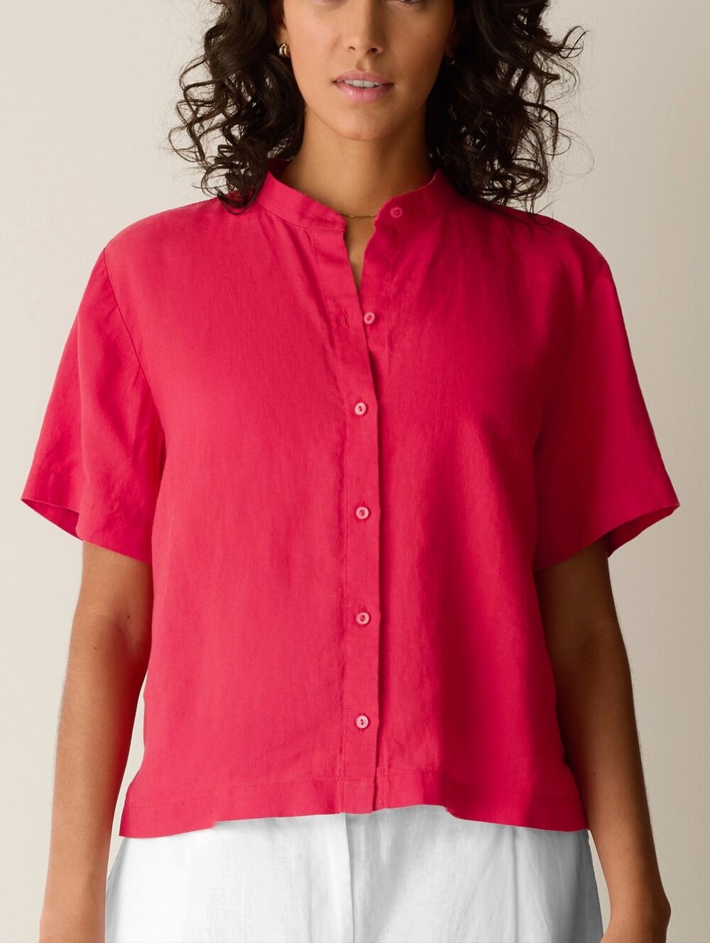 Eileen Fisher Women’s Short-Sleeve Button Front Top in Red Size Large